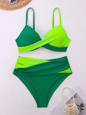 SHEIN Swim Conjunto de Bikini feminino com detalhe transversal em blocos de cores para o verão na praia