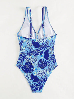 Swim SPRTY Maiô Slim Fit de uma peça com alças finas de espaguete, decote em V profundo e estampa tropical para praia de verão
