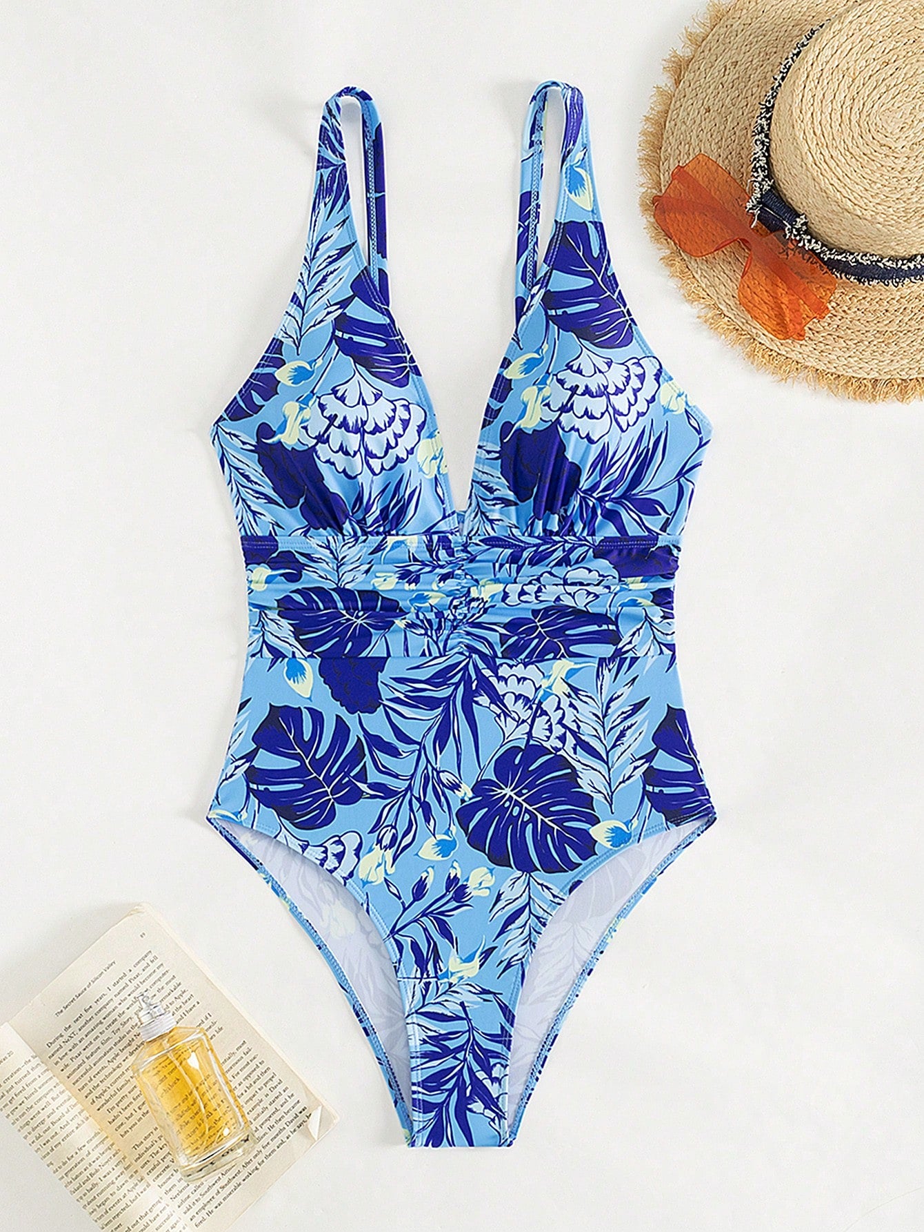 Swim SPRTY Maiô Slim Fit de uma peça com alças finas de espaguete, decote em V profundo e estampa tropical para praia de verão