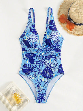 Swim SPRTY Maiô Slim Fit de uma peça com alças finas de espaguete, decote em V profundo e estampa tropical para praia de verão
