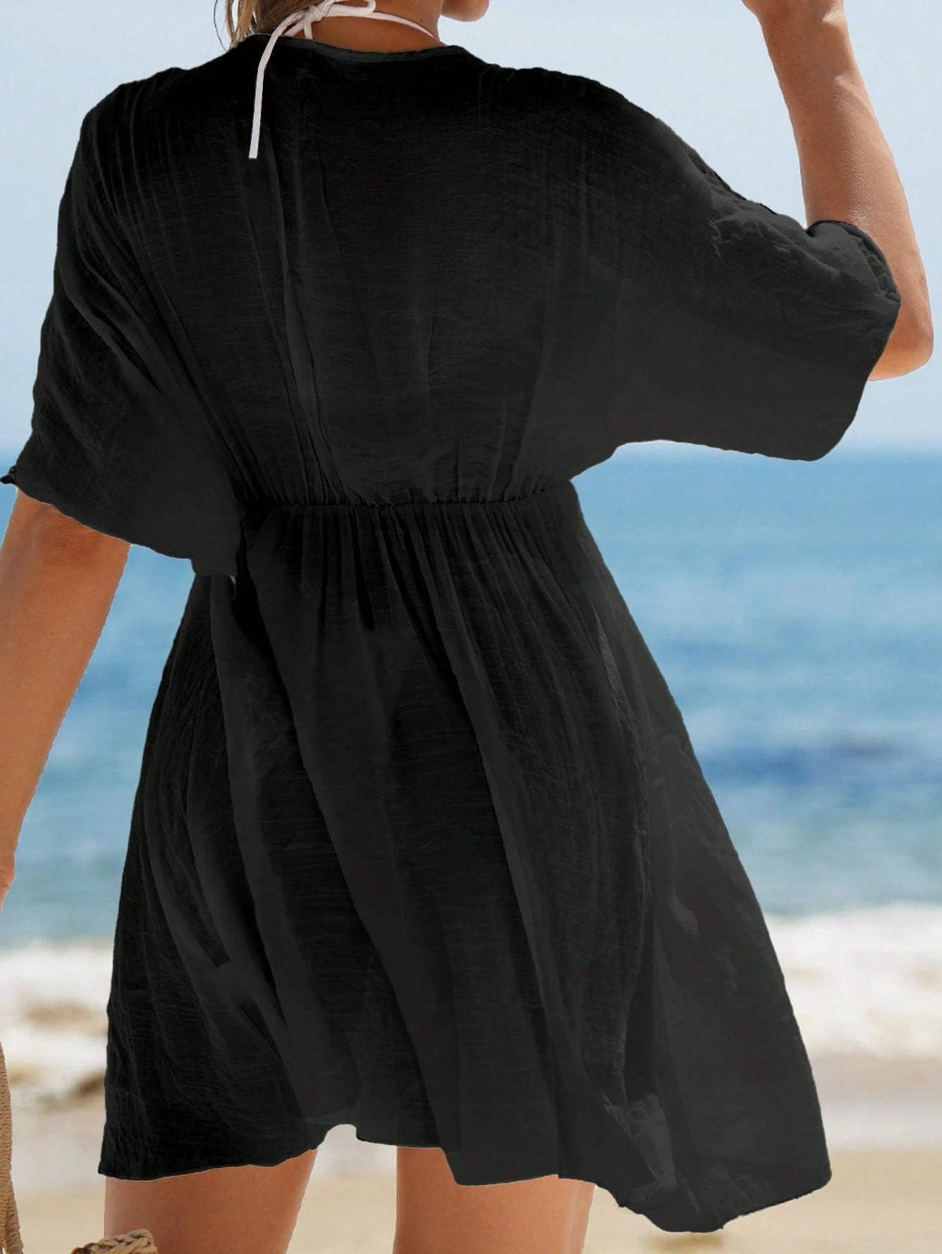 Swim Vcay Vestidos de Praia para Mulheres, Vestido Cobre-Tudo de Mulheres com Decote em V Liso, Recorte de Renda, Manga Curta para Verão