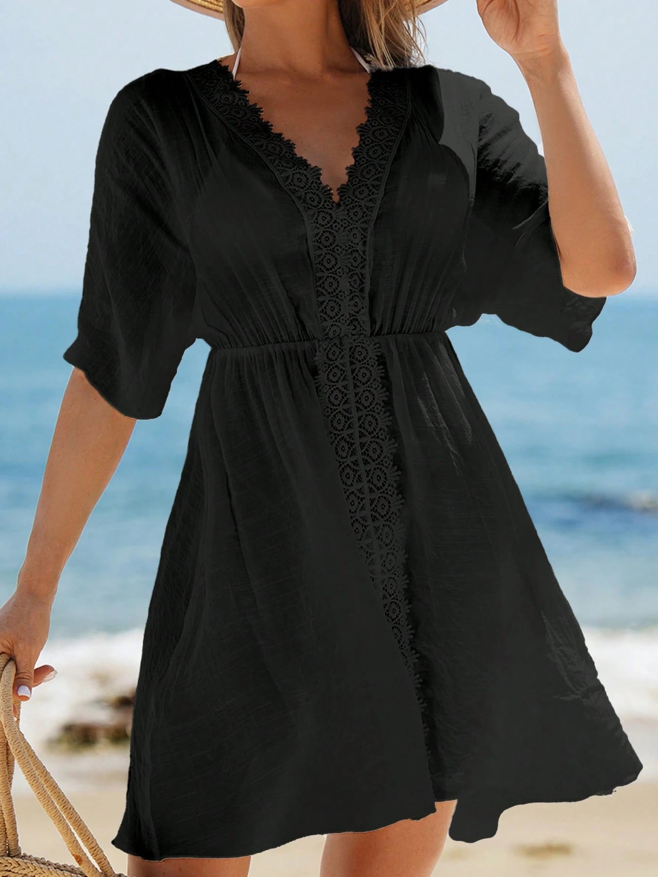 Swim Vcay Vestidos de Praia para Mulheres, Vestido Cobre-Tudo de Mulheres com Decote em V Liso, Recorte de Renda, Manga Curta para Verão