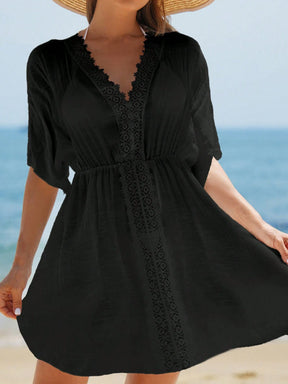 Swim Vcay Vestidos de Praia para Mulheres, Vestido Cobre-Tudo de Mulheres com Decote em V Liso, Recorte de Renda, Manga Curta para Verão