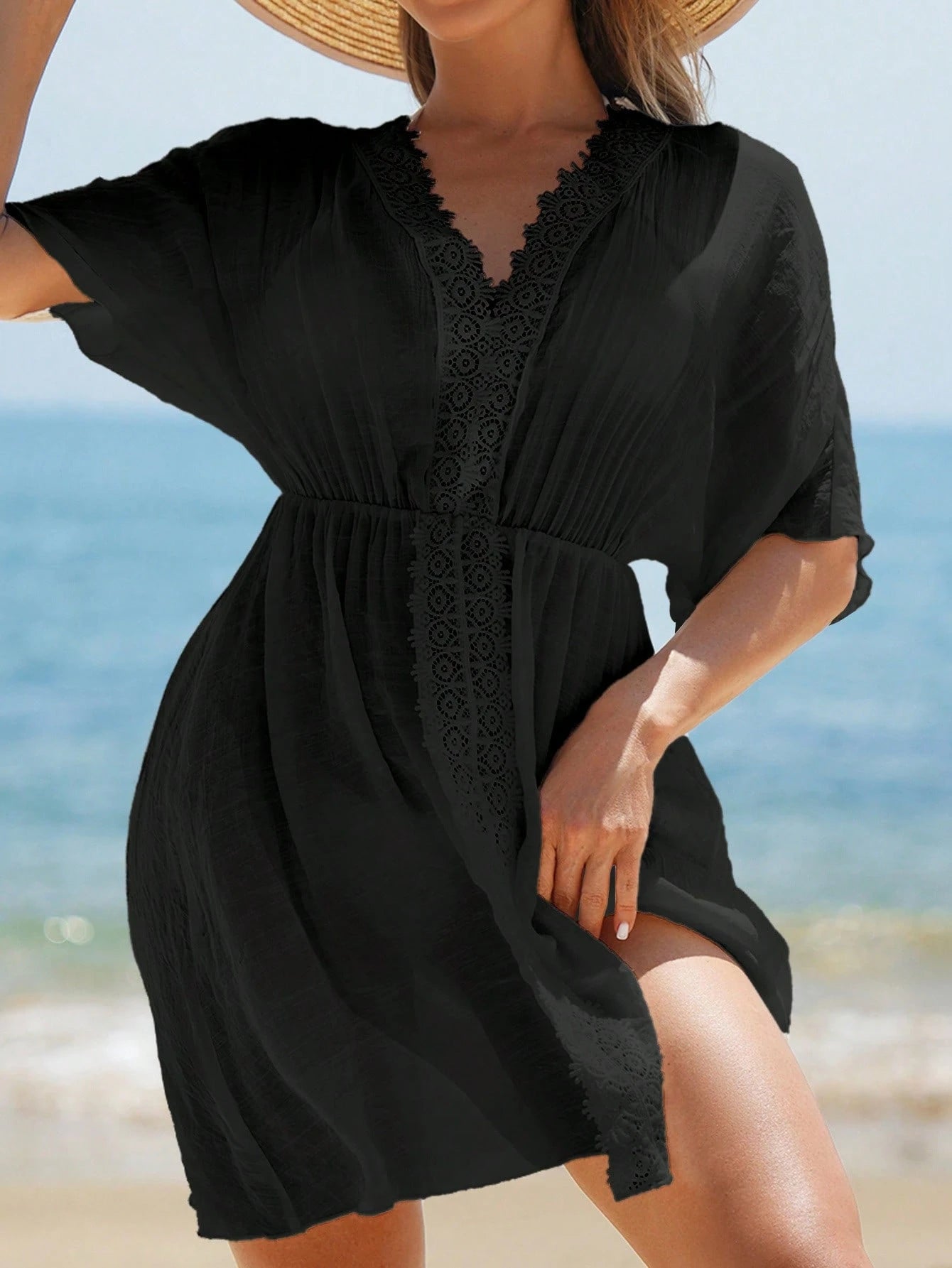 Swim Vcay Vestidos de Praia para Mulheres, Vestido Cobre-Tudo de Mulheres com Decote em V Liso, Recorte de Renda, Manga Curta para Verão