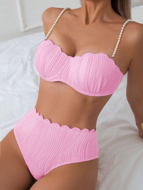 Conjunto de Maiô Bikini Sexy Feminino para o Verão na Praia com tiras de ombro decoradas com pérolas falsas