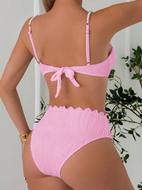 Conjunto de Maiô Bikini Sexy Feminino para o Verão na Praia com tiras de ombro decoradas com pérolas falsas