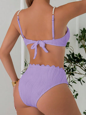 Conjunto de Maiô Bikini Sexy Feminino para o Verão na Praia com tiras de ombro decoradas com pérolas falsas