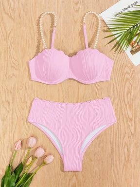 Conjunto de Maiô Bikini Sexy Feminino para o Verão na Praia com tiras de ombro decoradas com pérolas falsas