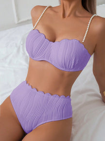Conjunto de Maiô Bikini Sexy Feminino para o Verão na Praia com tiras de ombro decoradas com pérolas falsas