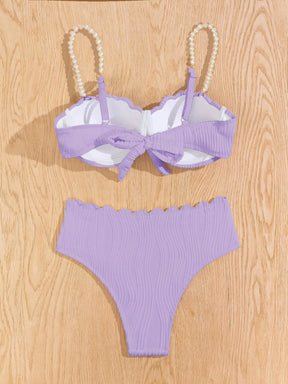 Conjunto de Maiô Bikini Sexy Feminino para o Verão na Praia com tiras de ombro decoradas com pérolas falsas