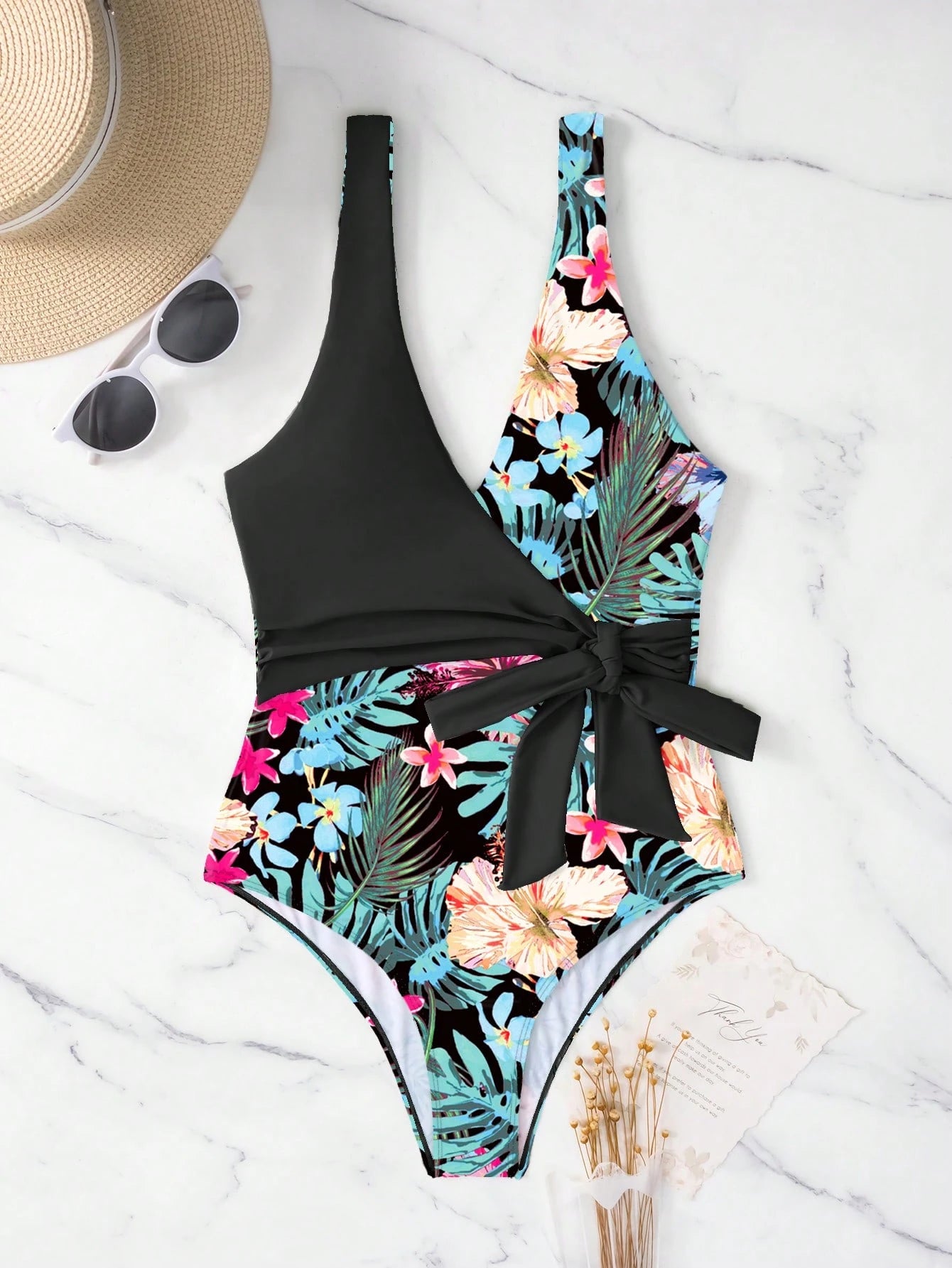 SHEIN Swim Maiô de Peça Única com Alça Destacável, Estampa Aleatória de Verão