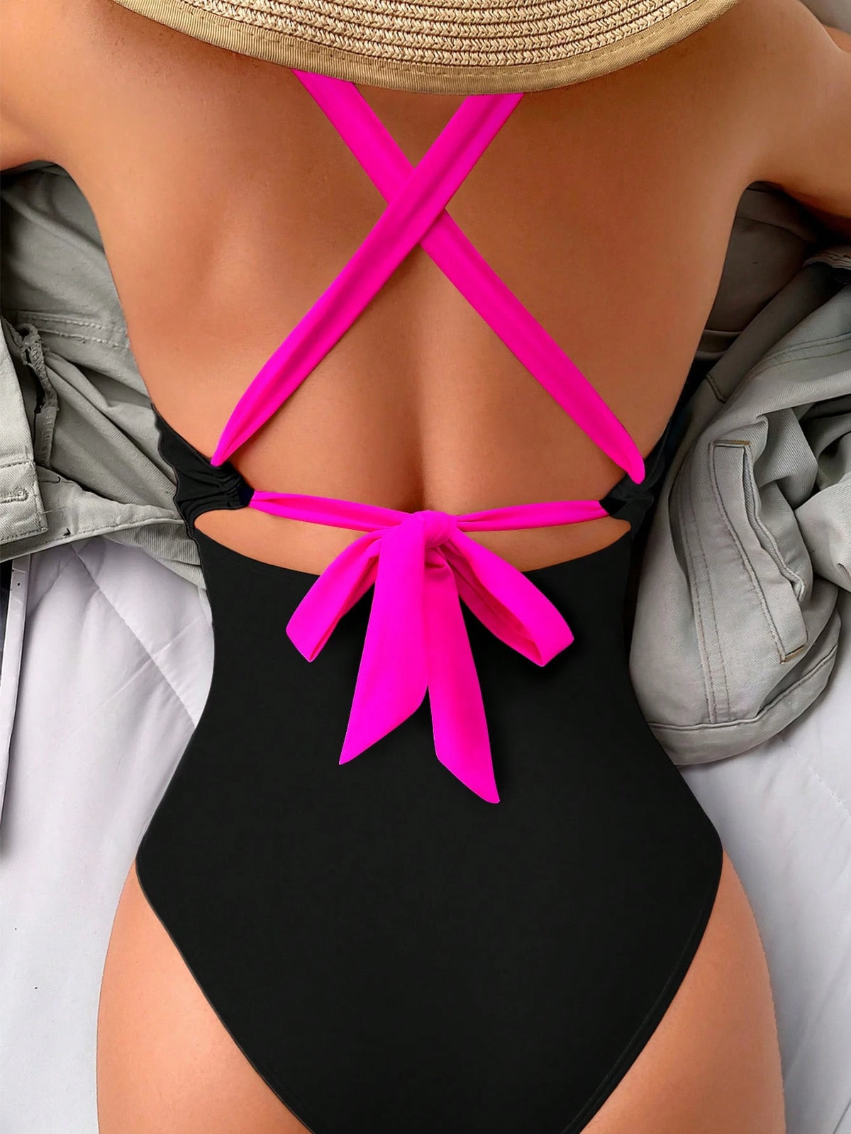 Maiô Sexy de Moda Feminino de Cor Contrastante, Alça Alta, Maiô de Peça Única