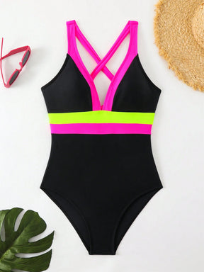 Maiô Sexy de Moda Feminino de Cor Contrastante, Alça Alta, Maiô de Peça Única