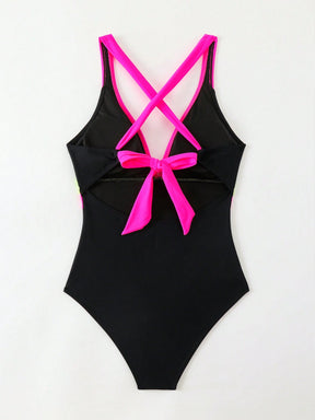 Maiô Sexy de Moda Feminino de Cor Contrastante, Alça Alta, Maiô de Peça Única