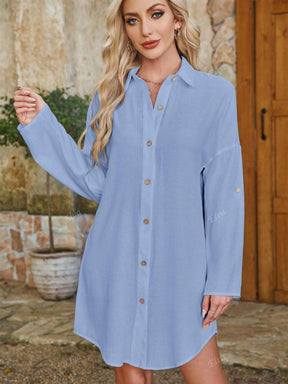 QIANZHIDU Vestido Camisa Solto Grande Casual Simples de Verão e Primavera com Botão na Frente e Cor Sólida para Mulheres
