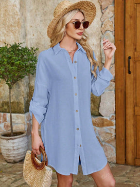 QIANZHIDU Vestido Camisa Solto Grande Casual Simples de Verão e Primavera com Botão na Frente e Cor Sólida para Mulheres