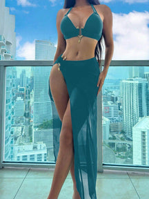 Swim SXY Conjunto de Maiô Bikini e Saída de Praia Feminino Verão Sólido Halter com Amarração, Sexy, com Saia de Cobertura, Traje de Férias
