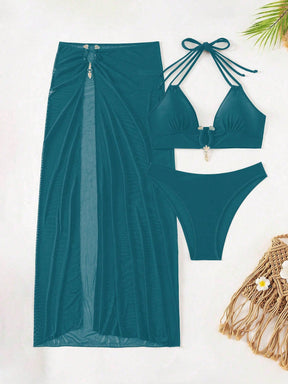 Swim SXY Conjunto de Maiô Bikini e Saída de Praia Feminino Verão Sólido Halter com Amarração, Sexy, com Saia de Cobertura, Traje de Férias