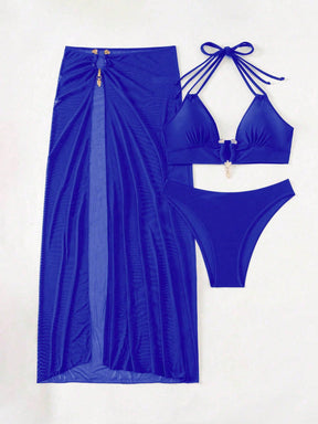 Swim SXY Conjunto de Maiô Bikini e Saída de Praia Feminino Verão Sólido Halter com Amarração, Sexy, com Saia de Cobertura, Traje de Férias