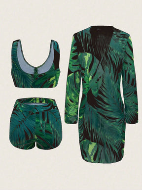 Swim Lushoire Conjunto de Maiô Bikini Sexy com Cordão na Frente e Roupão Floral Tropical de Verão para Mulheres