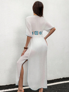 Swim Vcay Vestidos de Praia para Mulheres, Vestido com Manga Morcego, Recortes em Crochê e Acabamento Contrastante, Verão