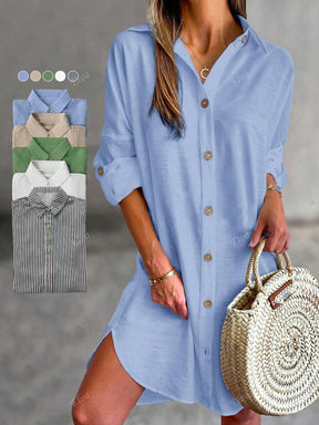QIANZHIDU Vestido Camisa Solto Grande Casual Simples de Verão e Primavera com Botão na Frente e Cor Sólida para Mulheres
