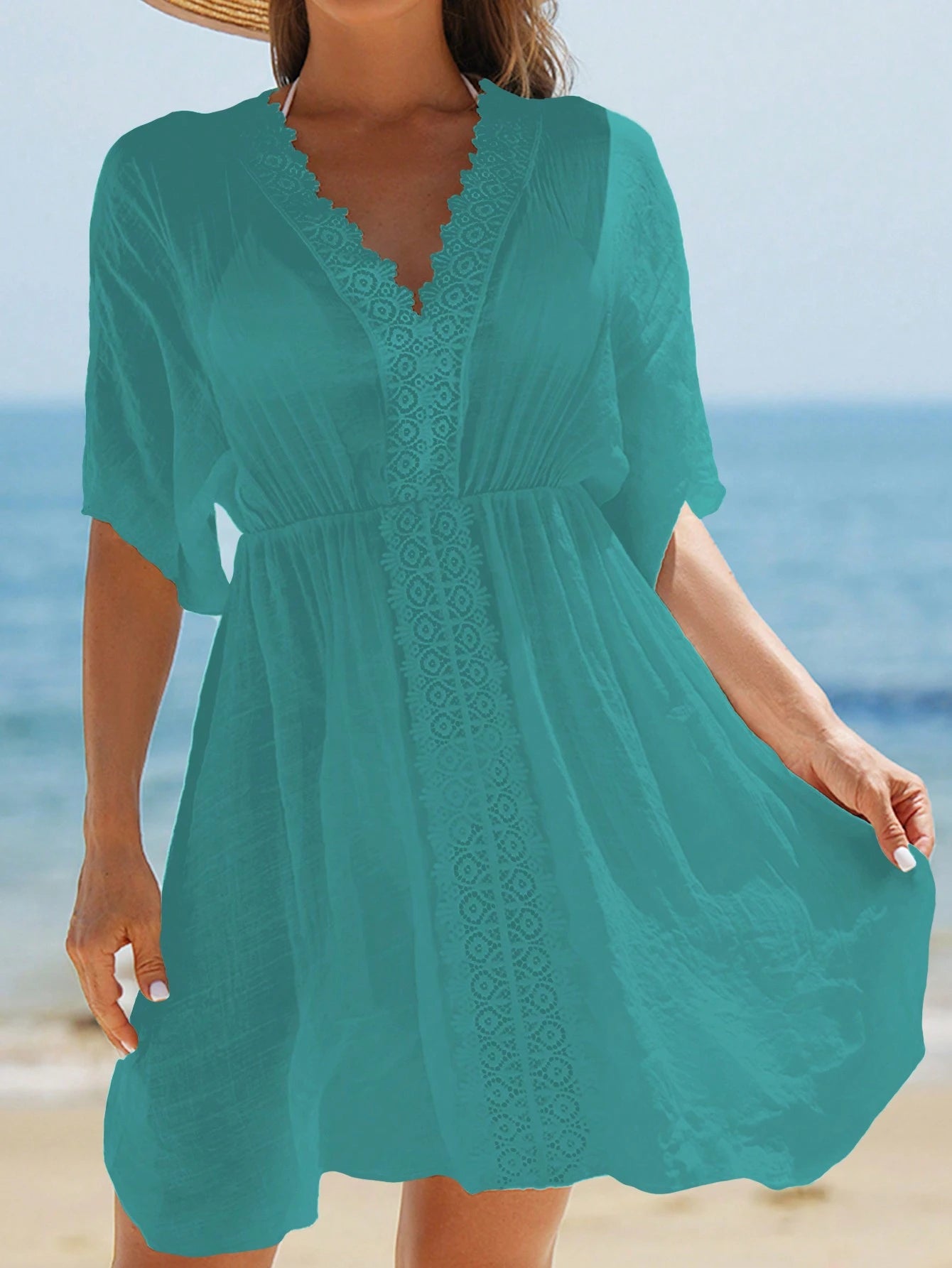 Swim Vcay Vestidos de Praia para Mulheres, Vestido Cobre-Tudo de Mulheres com Decote em V Liso, Recorte de Renda, Manga Curta para Verão