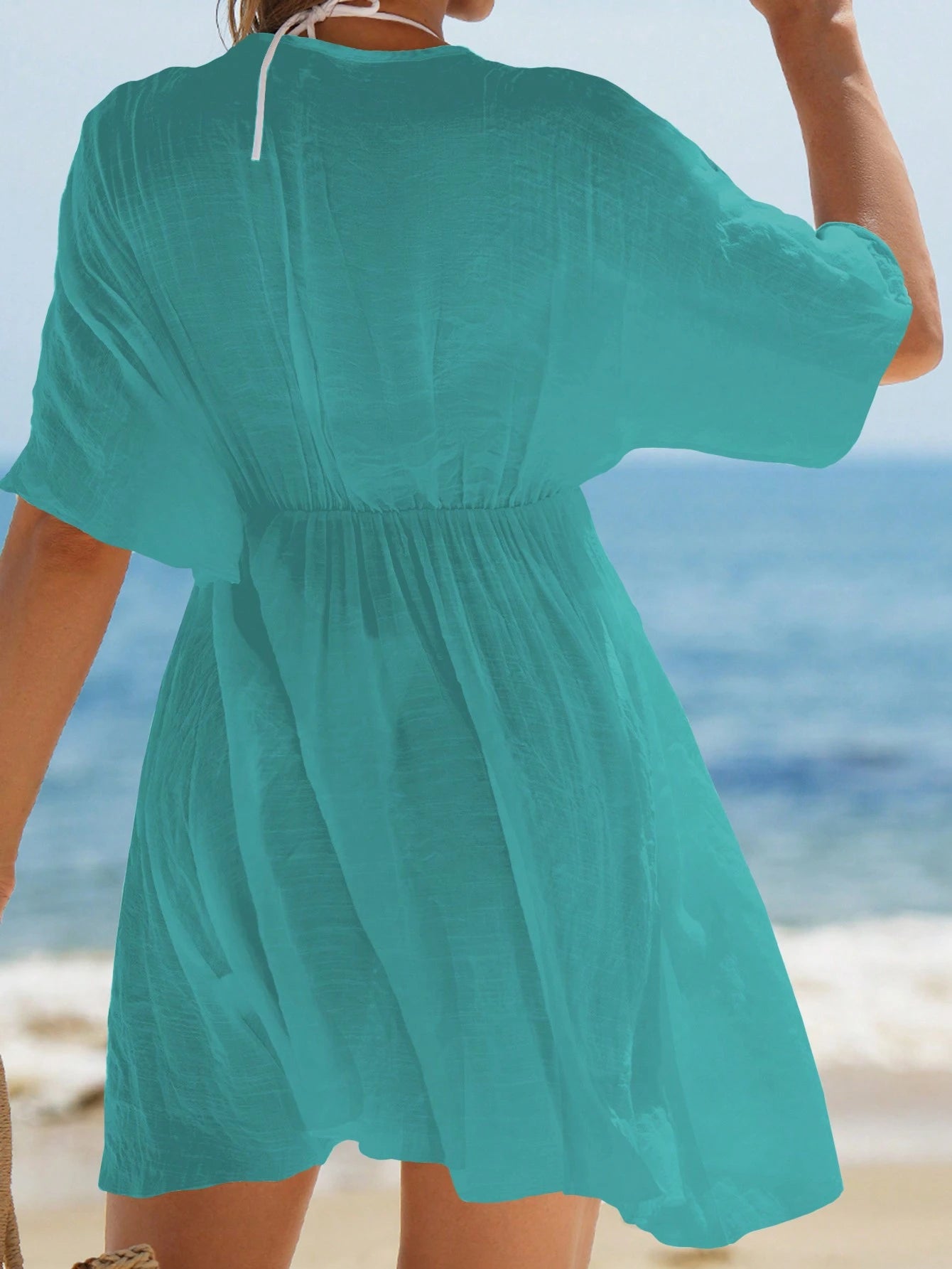 Swim Vcay Vestidos de Praia para Mulheres, Vestido Cobre-Tudo de Mulheres com Decote em V Liso, Recorte de Renda, Manga Curta para Verão