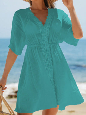 Swim Vcay Vestidos de Praia para Mulheres, Vestido Cobre-Tudo de Mulheres com Decote em V Liso, Recorte de Renda, Manga Curta para Verão