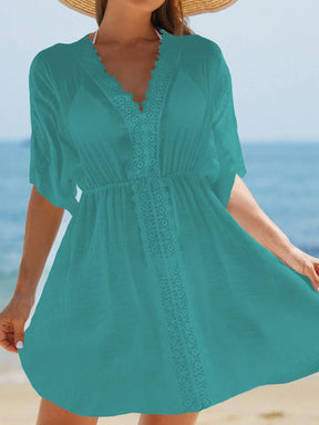 Swim Vcay Vestidos de Praia para Mulheres, Vestido Cobre-Tudo de Mulheres com Decote em V Liso, Recorte de Renda, Manga Curta para Verão