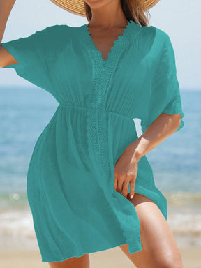 Swim Vcay Vestidos de Praia para Mulheres, Vestido Cobre-Tudo de Mulheres com Decote em V Liso, Recorte de Renda, Manga Curta para Verão