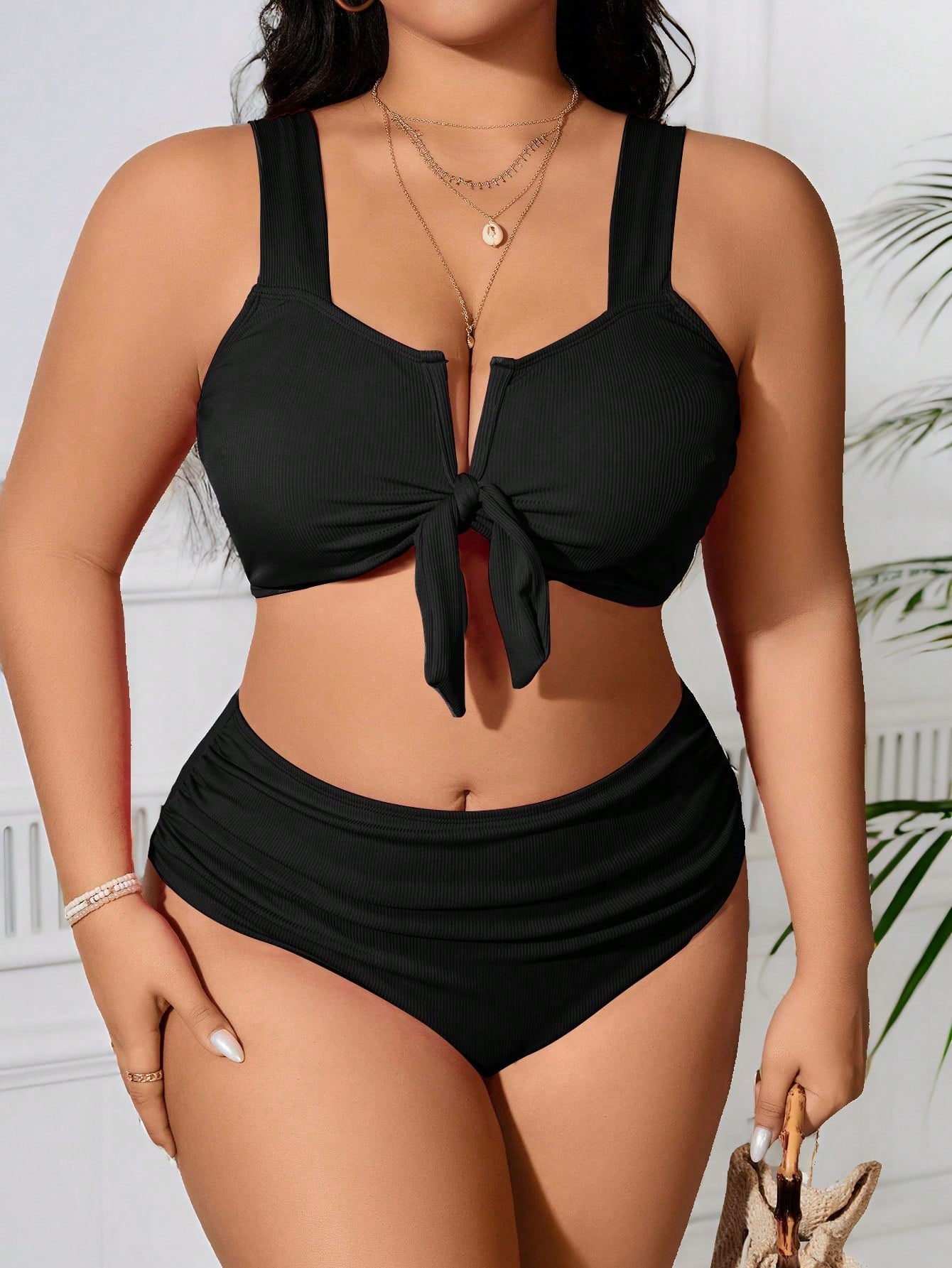 SHEIN Swim Curve 2 Peças/Conjunto Maiô Bikini com Fita Ajustável e Laço em Marrom Plus Size, Verão