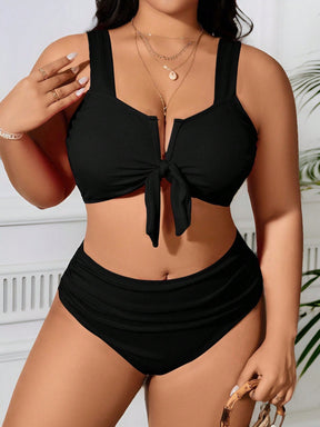 SHEIN Swim Curve 2 Peças/Conjunto Maiô Bikini com Fita Ajustável e Laço em Marrom Plus Size, Verão