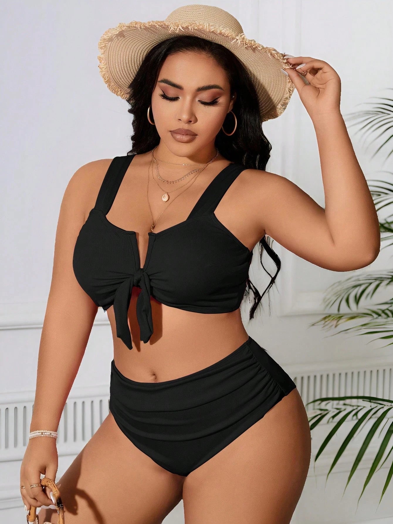 SHEIN Swim Curve 2 Peças/Conjunto Maiô Bikini com Fita Ajustável e Laço em Marrom Plus Size, Verão