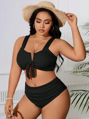 SHEIN Swim Curve 2 Peças/Conjunto Maiô Bikini com Fita Ajustável e Laço em Marrom Plus Size, Verão