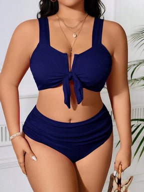 SHEIN Swim Curve 2 Peças/Conjunto Maiô Bikini com Fita Ajustável e Laço em Marrom Plus Size, Verão