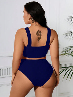 SHEIN Swim Curve 2 Peças/Conjunto Maiô Bikini com Fita Ajustável e Laço em Marrom Plus Size, Verão