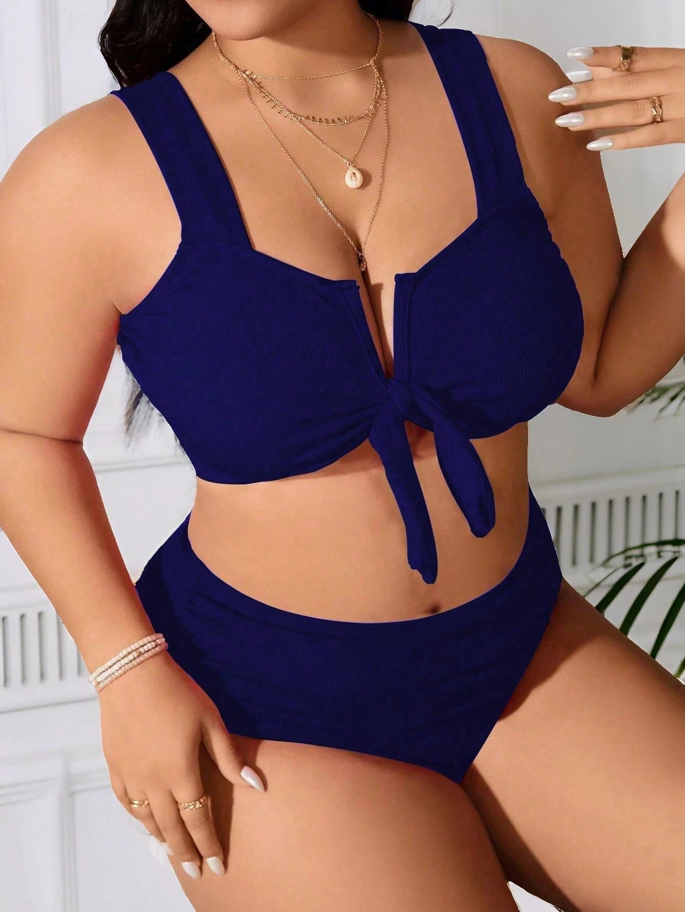 SHEIN Swim Curve 2 Peças/Conjunto Maiô Bikini com Fita Ajustável e Laço em Marrom Plus Size, Verão
