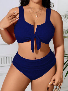 SHEIN Swim Curve 2 Peças/Conjunto Maiô Bikini com Fita Ajustável e Laço em Marrom Plus Size, Verão