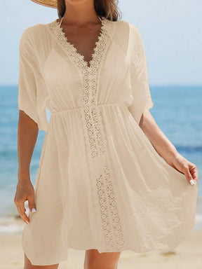 Swim Vcay Vestidos de Praia para Mulheres, Vestido Cobre-Tudo de Mulheres com Decote em V Liso, Recorte de Renda, Manga Curta para Verão