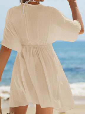 Swim Vcay Vestidos de Praia para Mulheres, Vestido Cobre-Tudo de Mulheres com Decote em V Liso, Recorte de Renda, Manga Curta para Verão