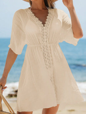 Swim Vcay Vestidos de Praia para Mulheres, Vestido Cobre-Tudo de Mulheres com Decote em V Liso, Recorte de Renda, Manga Curta para Verão