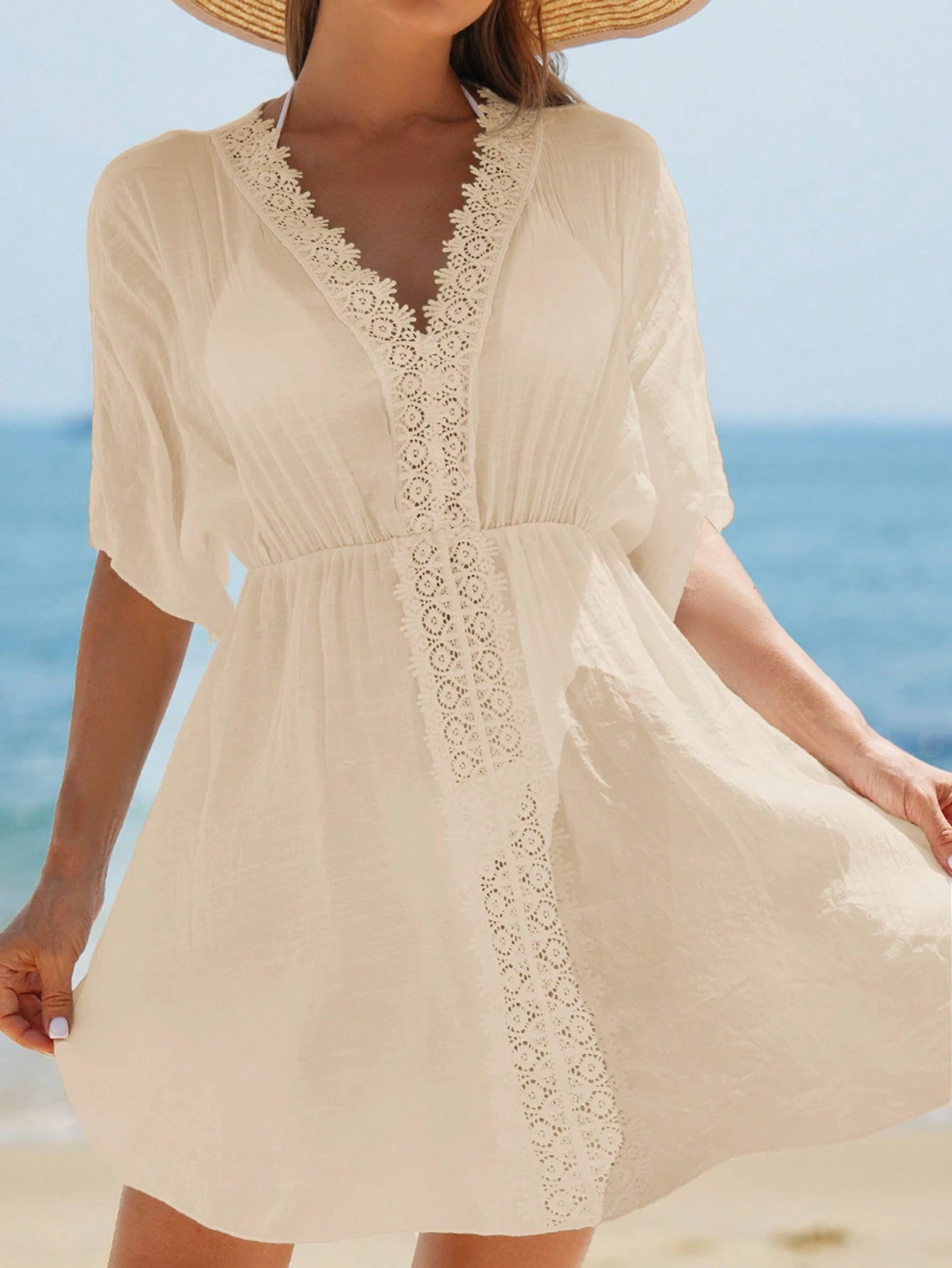 Swim Vcay Vestidos de Praia para Mulheres, Vestido Cobre-Tudo de Mulheres com Decote em V Liso, Recorte de Renda, Manga Curta para Verão