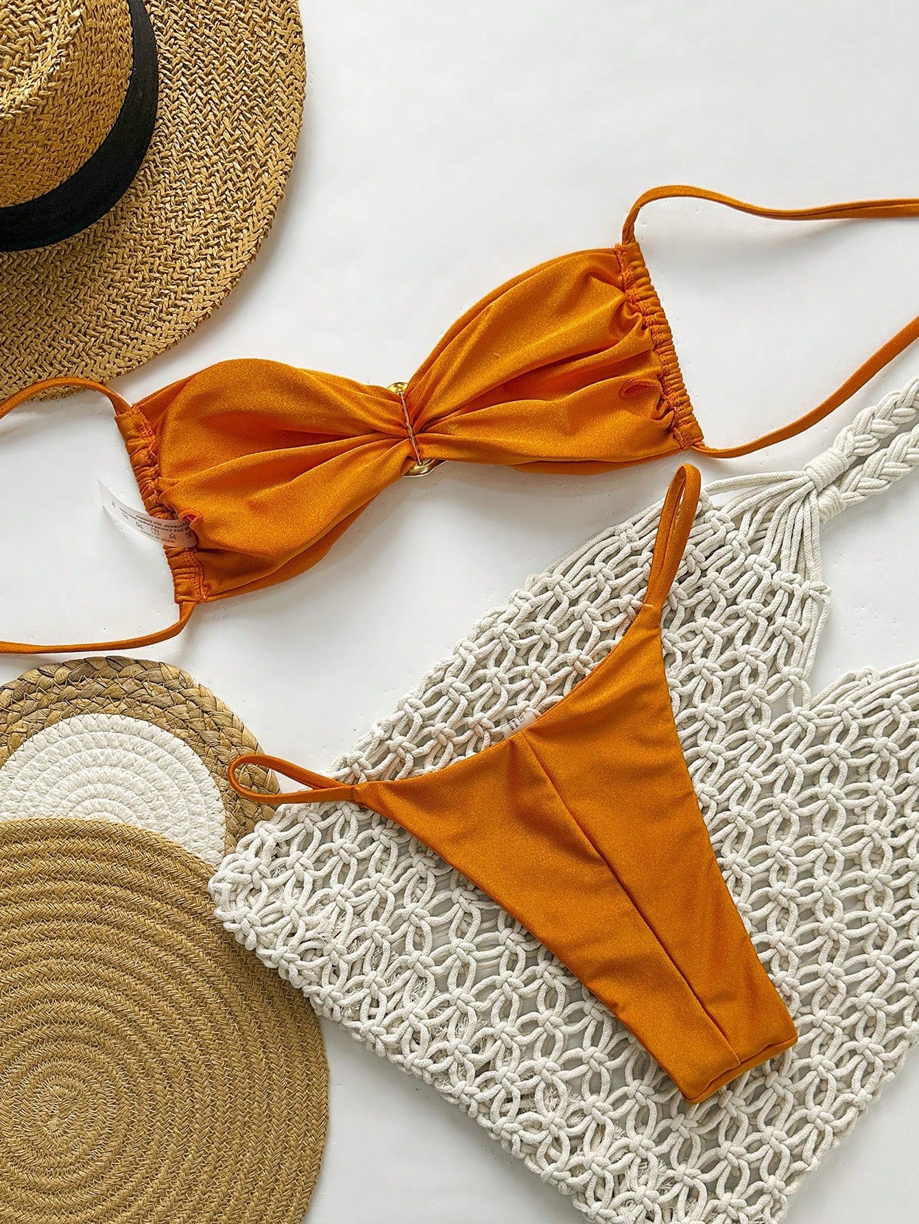 SHEIN Swim Conjunto de Maiô Bikini Feminino Strapless de Verão Solid Color com Amarração e Decoração Metálica, Sexy