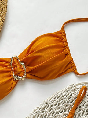 SHEIN Swim Conjunto de Maiô Bikini Feminino Strapless de Verão Solid Color com Amarração e Decoração Metálica, Sexy