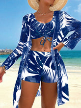 Swim Lushoire Conjunto de Maiô Bikini Sexy com Cordão na Frente e Roupão Floral Tropical de Verão para Mulheres