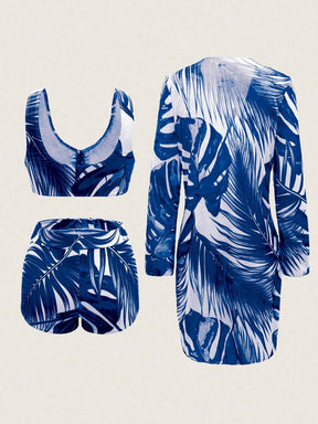 Swim Lushoire Conjunto de Maiô Bikini Sexy com Cordão na Frente e Roupão Floral Tropical de Verão para Mulheres