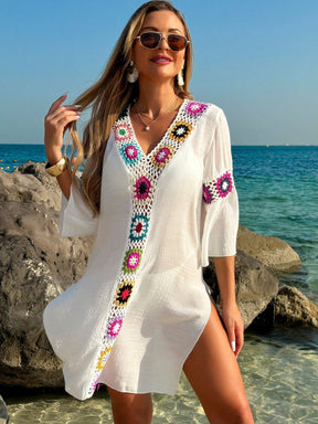 Swim Vcay Roupas de Verão para Mulheres, Vestido Túnica Solto com Decote em V, Manga 3/4, Flor de Crochê em Cor Aleatória, Fenda Lateral, Ideal para Praia e Férias de Verão