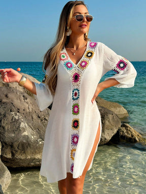 Swim Vcay Roupas de Verão para Mulheres, Vestido Túnica Solto com Decote em V, Manga 3/4, Flor de Crochê em Cor Aleatória, Fenda Lateral, Ideal para Praia e Férias de Verão