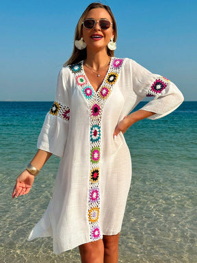 Swim Vcay Roupas de Verão para Mulheres, Vestido Túnica Solto com Decote em V, Manga 3/4, Flor de Crochê em Cor Aleatória, Fenda Lateral, Ideal para Praia e Férias de Verão